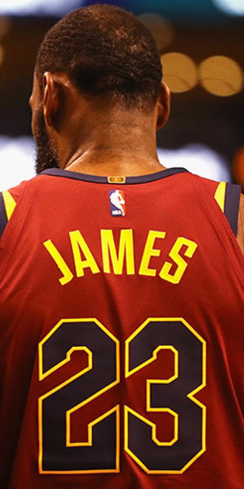A detail of the jersey of LeBron James #23 of the Cleveland Cavaliers in the first half during Game Two of the 2018 NBA Eastern Conference Finals between the Cleveland Cavaliers and the Boston Celtics at TD Garden on May 15, 2018 in Boston, Massachusetts.