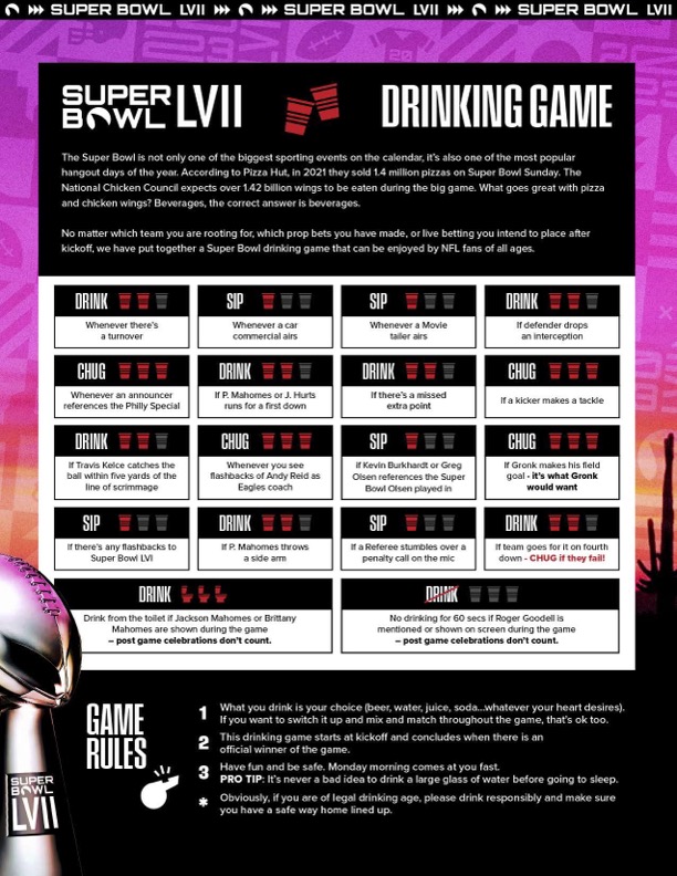 Super Bowl 56 Drinking Game - Drink When