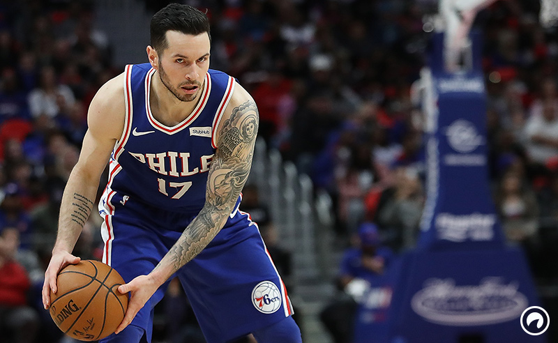 JJ Redick #17 of the Philadelphia 76ers looks to pass the ball during the fourth quarter of the game against the Detroit Pistons at Little Caesars Arena on April 4, 2018 in Detroit, Michigan.