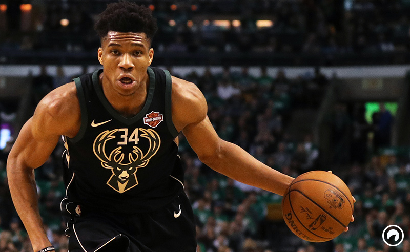 Giannis Antetokounmpo #34 of the Milwaukee Bucks dribbles against the Boston Celtics in the first quarter of Game Two in Round One of the 2018 NBA Playoffs at TD Garden on April 17, 2018 in Boston, Massachusetts.