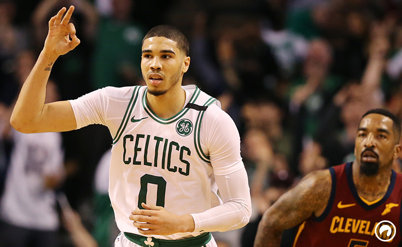 Jayson Tatum #0 of the Boston Celtics celebrates the basket against the Cleveland Cavaliers during the second quarter in Game One of the Eastern Conference Finals of the 2018 NBA Playoffs at TD Garden on May 13, 2018 in Boston, Massachusetts.