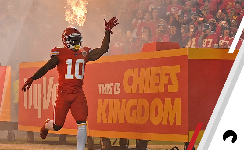 Wide receiver Tyreek Hill #10 of the Kansas City Chiefs reacts as he introduced, prior to a game against the Cincinnati Bengals on October 21, 2018 at Arrowhead Stadium in Kansas City, Missouri.