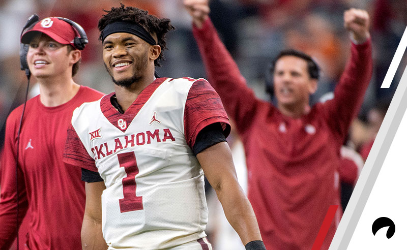 Oklahoma quarterback Kyler Murray (1) celebrates on the sidelines after throwing a touchdown against Oklahoma during the second half of the Big 12 Conference championship NCAA college football game on Saturday, Dec. 1, 2018, in Arlington, Texas. Oklahoma won 39-27.