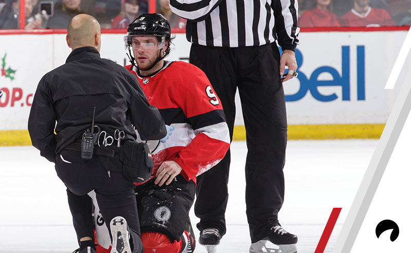  Domenic Nicoletta talks with Bobby Ryan #9 of the Ottawa Senators after he was injured in a game against the Montreal Canadiens at Canadian Tire Centre on December 6, 2018 in Ottawa, Ontario, Canada