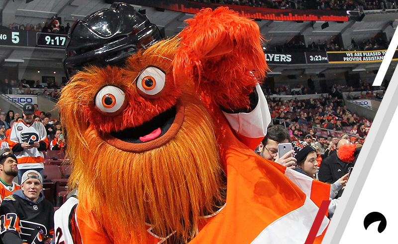 Gritty, the mascot of the Philadelphia Flyers interacts with the fans during a timeout against the Tampa Bay Lightning on November 17, 2018 at the Wells Fargo Center in Philadelphia, Pennsylvania.