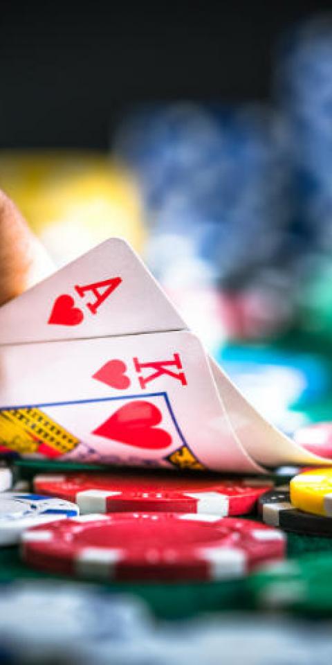 An ace and king of hearts are shown in no-limit Texas hold'em.