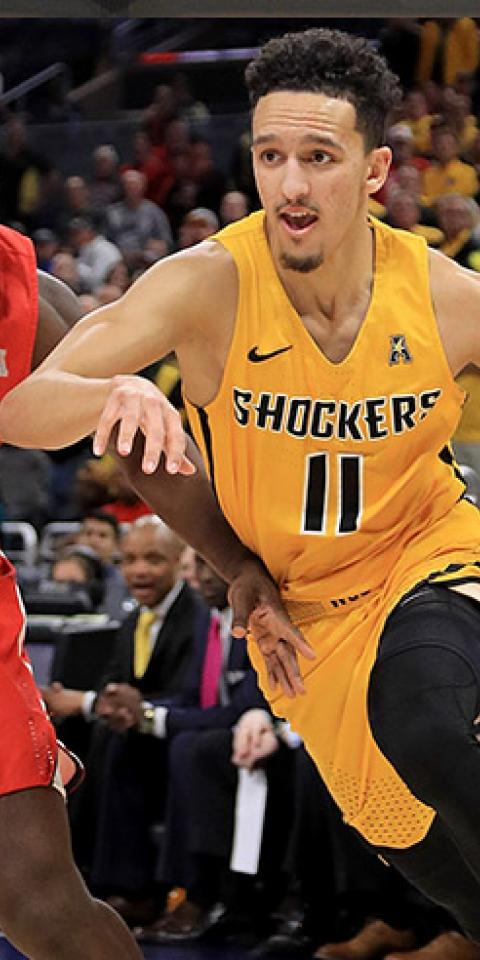 Landry Shamet of the Wichita State Shockers drives to the basket during a semifinal game of the 2018 AAC Basketball Championship