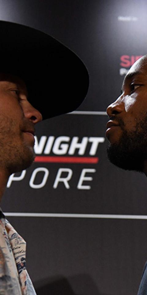 UFC fighters Donald 'Cowboy' Cerrone and Leon 'Rocky' Edwards face-off during a press conference ahead of UFC Fight Night in Singapore 