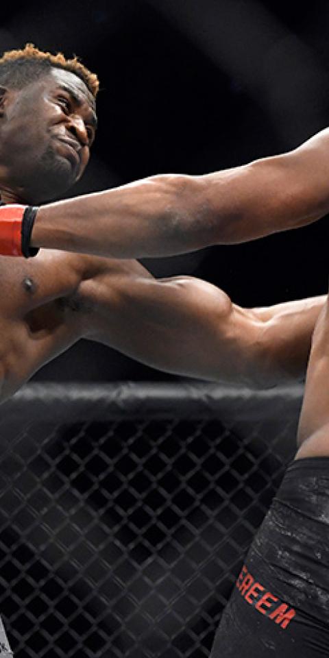 Francis Ngannou hits Alistair Overeem in the first round during a UFC 218 heavyweight MMA bout