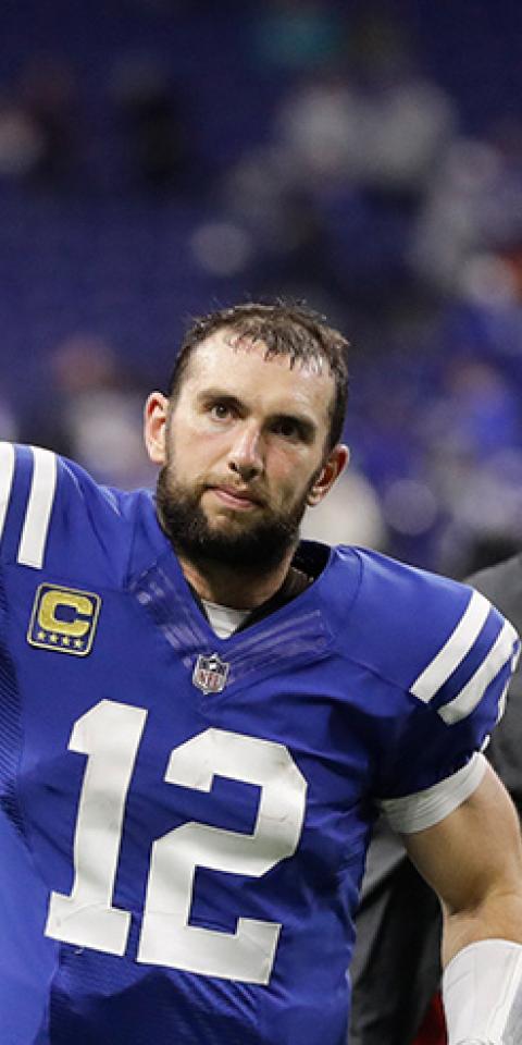 In this Sunday, Nov. 25, 2018, file photo, Indianapolis Colts quarterback Andrew Luck (12) waves as he leaves the field following an NFL football game against the Miami Dolphins in Indianapolis. Luck, who in strange circumstances never fully explained, missed the entire 2017 season with a shoulder injury. Like the Texan's J.J. Watt, is having a monster of a comeback year.