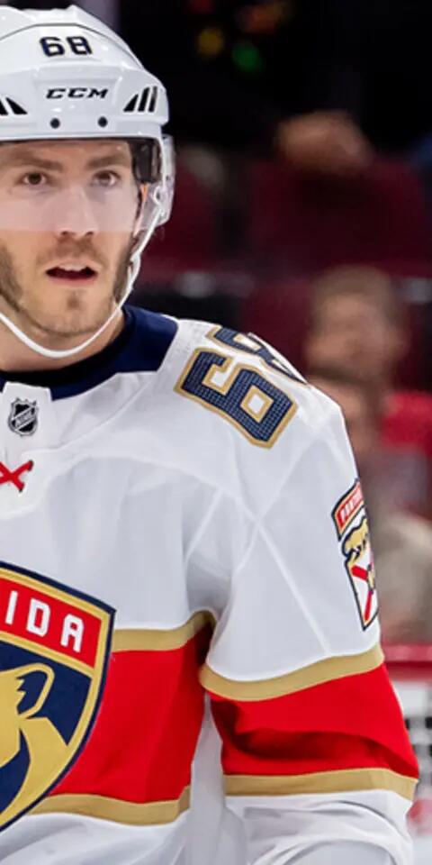 Florida Panthers left wing Mike Hoffman (68) celebrates his goal during a game between the Florida Panthers and the Chicago Blackhawks on December 23, 2018, at the United Center in Chicago, IL.
