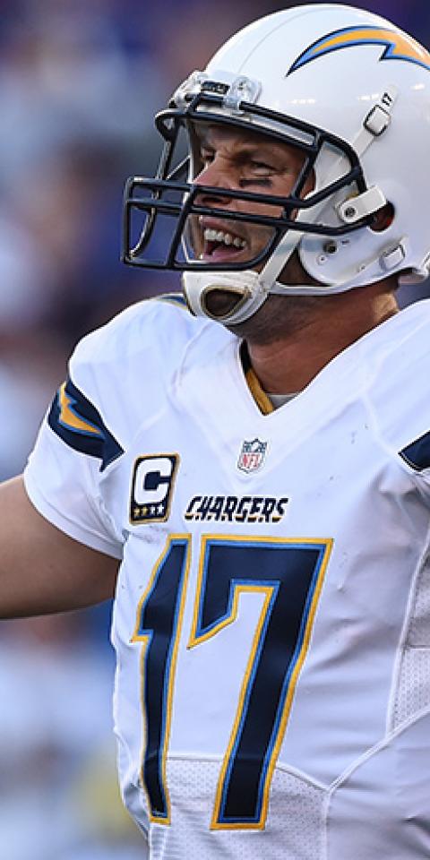 Quarterback Philip Rivers #17 of the San Diego Chargers reacts to a call against the Baltimore Ravens in the second half at M&T Bank Stadium on November 30, 2014 in Baltimore, Maryland. The San Diego Chargers won, 34-33.