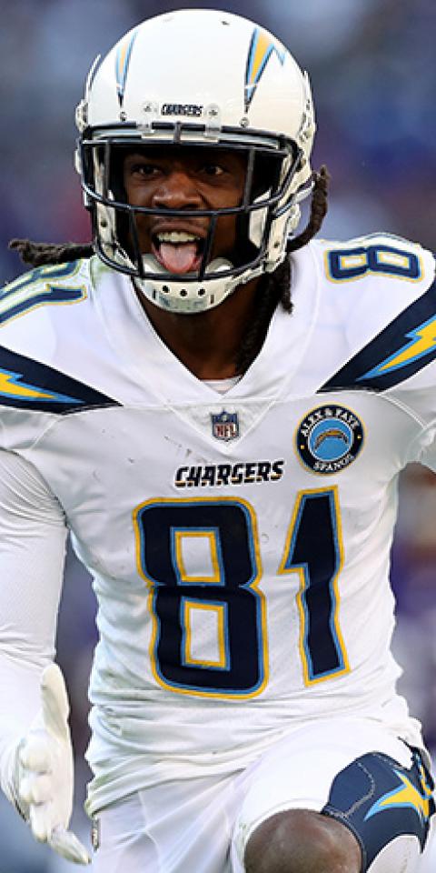 Mike Williams #81 of the Los Angeles Chargers celebrates a catch against the Baltimore Ravens during the second half in the AFC Wild Card Playoff game at M&T Bank Stadium on January 06, 2019 in Baltimore, Maryland.