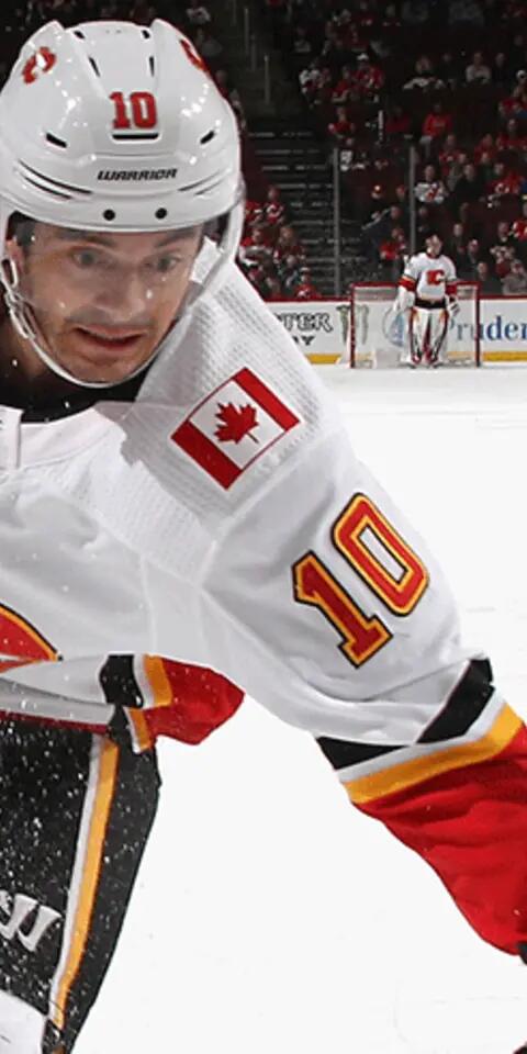 Derek Ryan #10 of the Calgary Flames skates against the New Jersey Devils at the Prudential Center on February 27, 2019 in Newark, New Jersey. The Flames defeated the Devils 2-1.