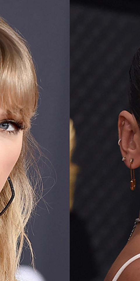 Taylor Swift, left, and Dua Lipa lead 2021 Grammy Awards betting odds.