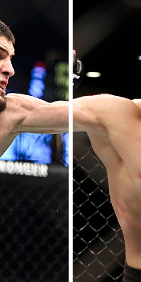 Islam Makhachev (left) is favored in the Islam Makhachev vs Thiago Moises odds for the upcoming UFC Fight Night.