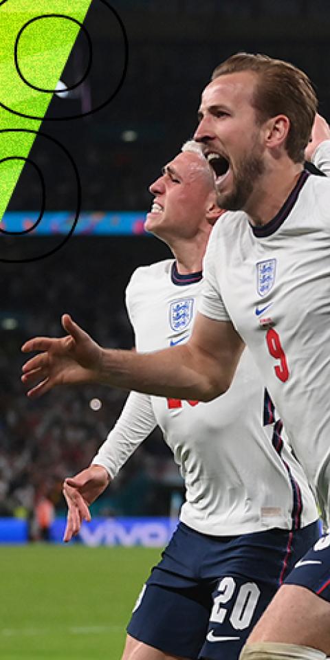 Harry Kane celebra el gol que da a Inglaterra el pase a la final de la Euro 2020 para el próximo Italia vs Inglaterra.