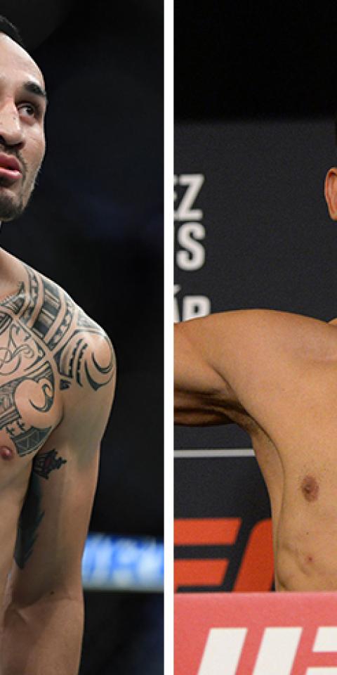 Max Holloway (left) is favored in the Holloway vs Rodriguez (right) odds.