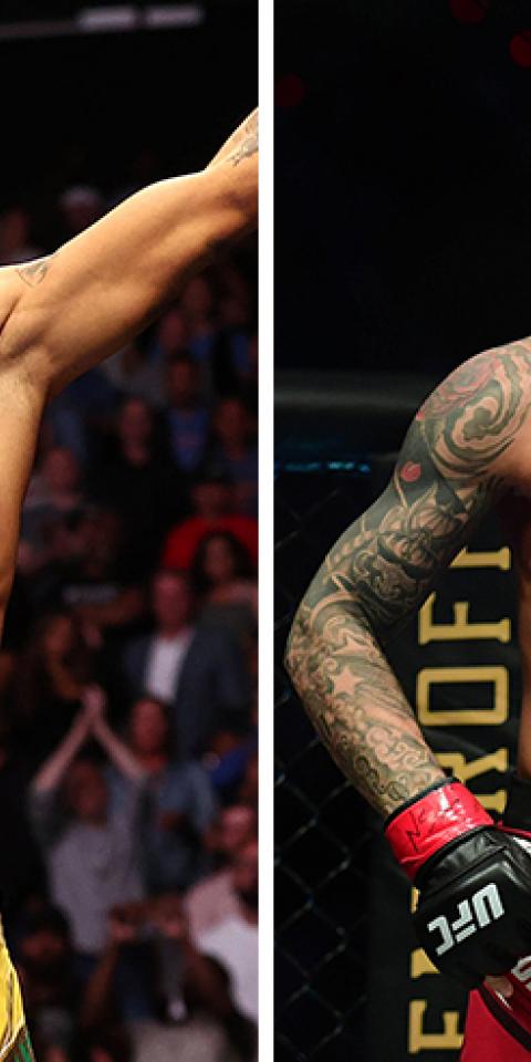 Dustin Poirier (right) is favored in the Oliveira (left) vs Poirier fight in the UFC 269 odds.