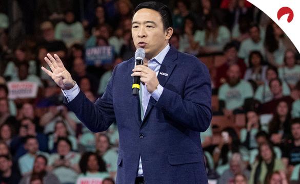 New York City Mayor Odds: Andrew Yang addressing people at a rally
