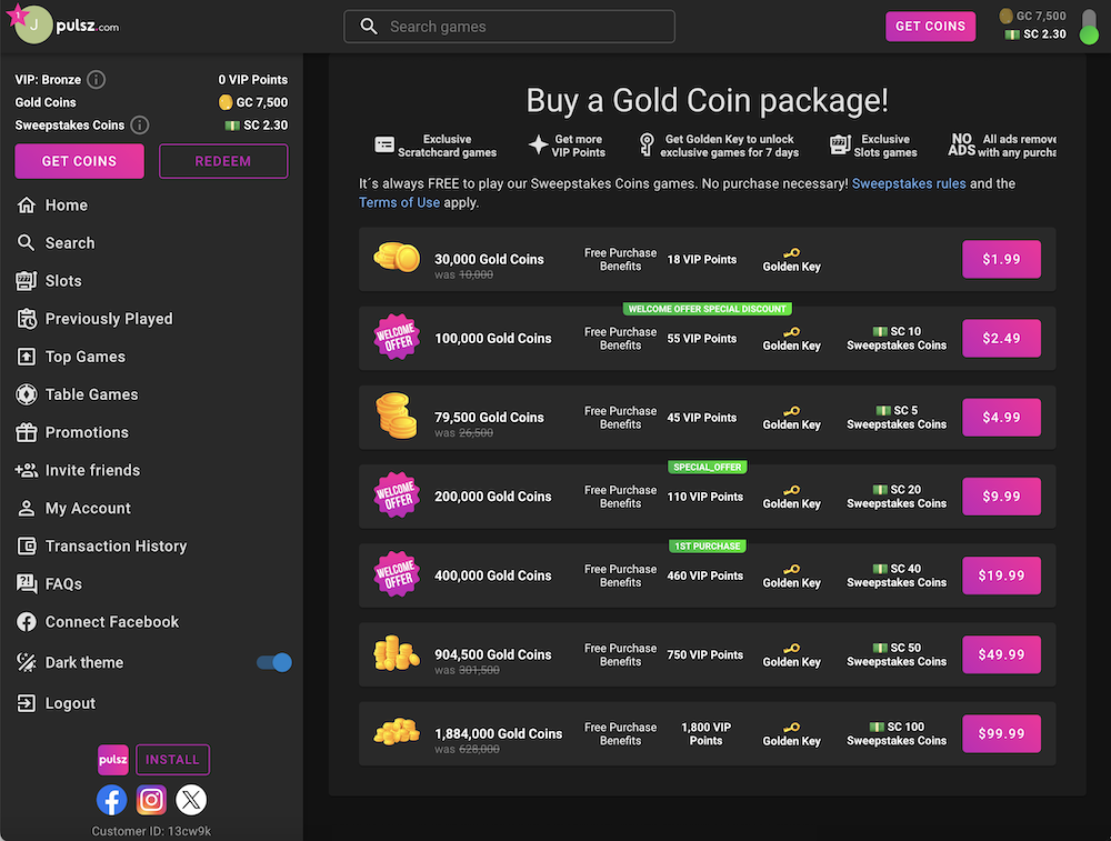Pulsz Gold Coin Packages